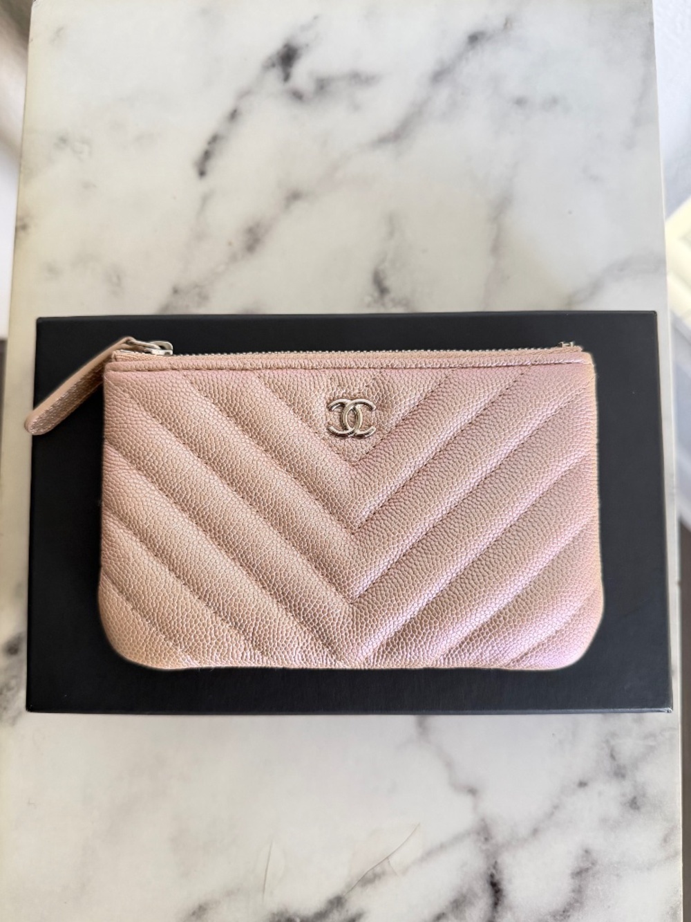 Chanel Iridescent Rose Gold Chevron Caviar Mini O Case Pouch 17B